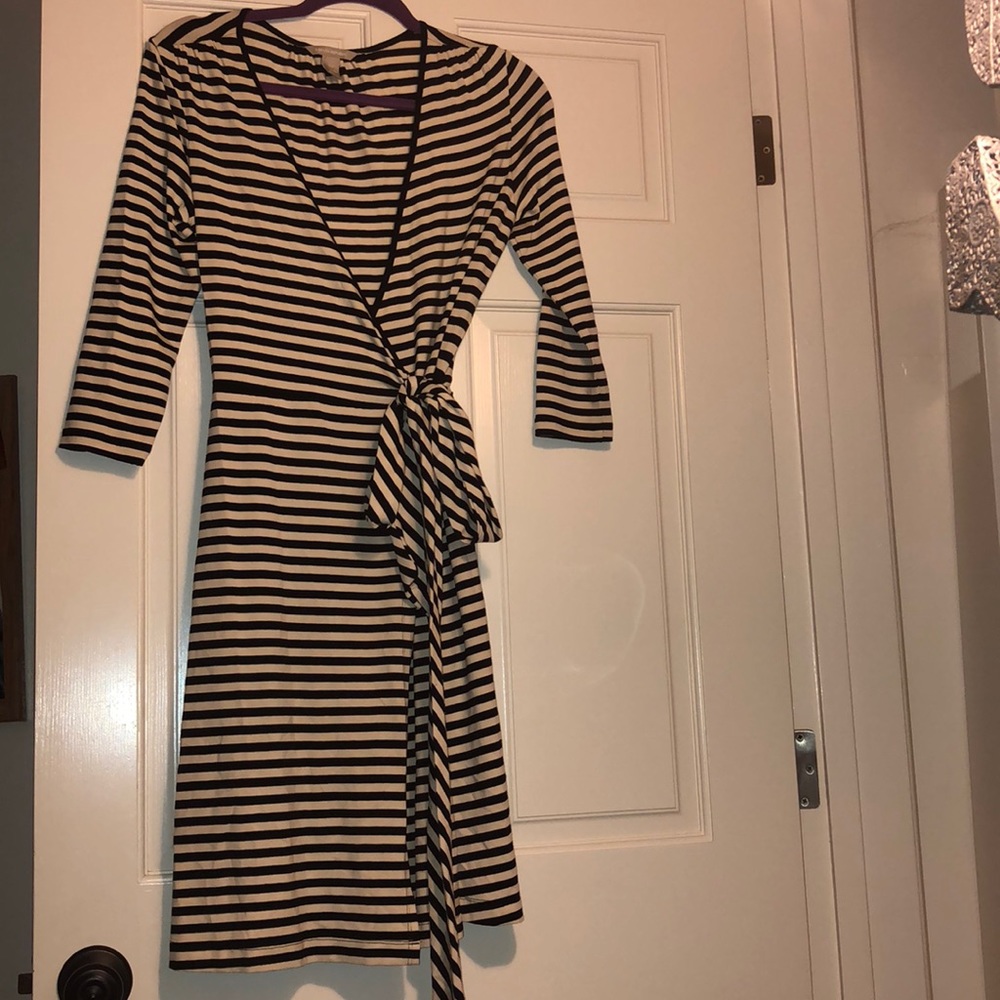 Black and white striped wrap dress